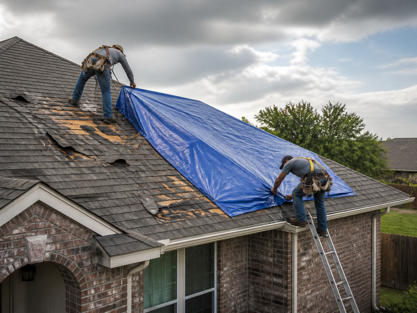 Emergency tarp covering a storm-damaged roof in Austin