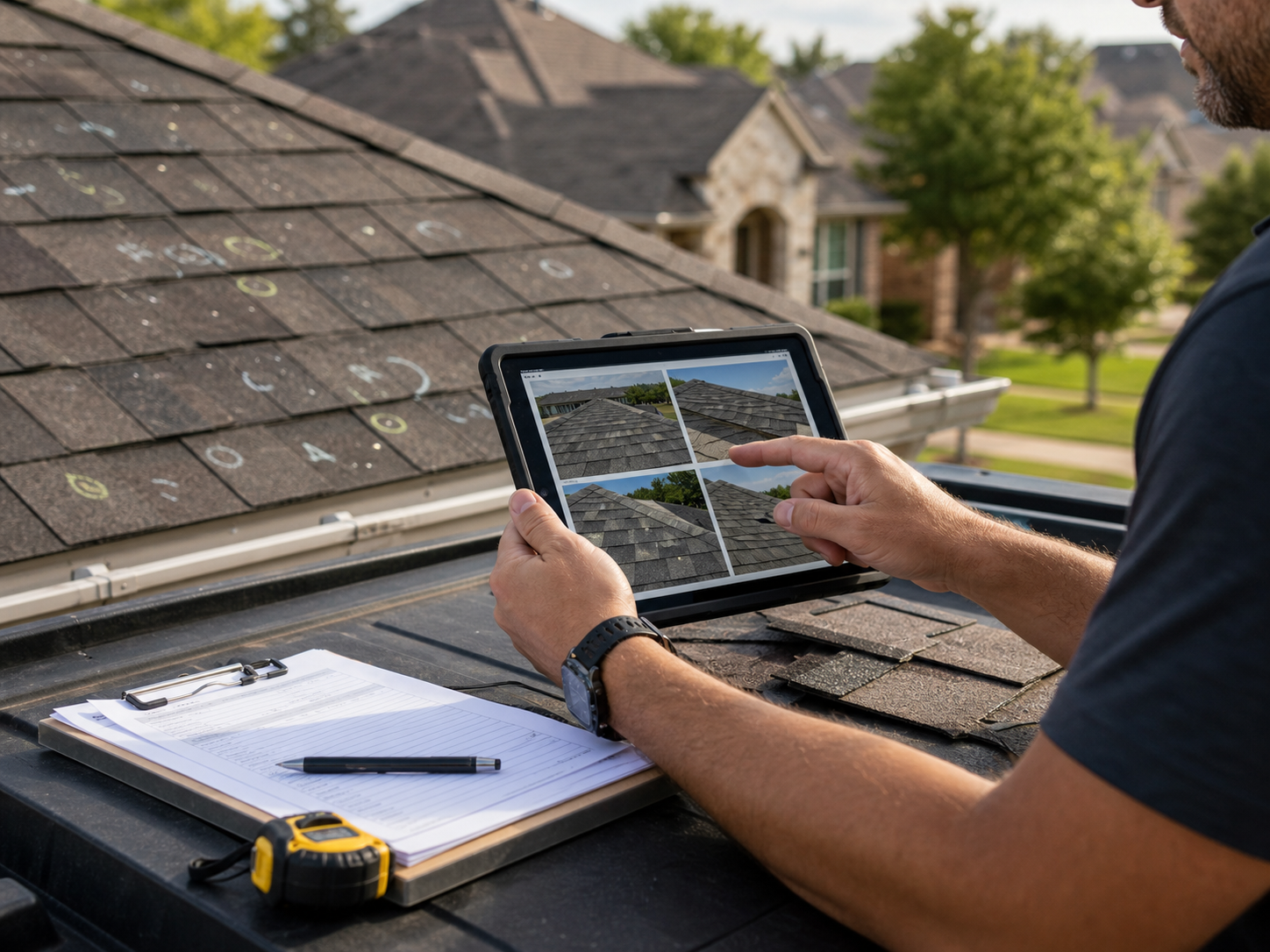 Austin storm damage roof inspection with photo notes